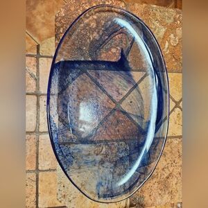 Clear Glass Oval Tray with Blue Waves Approx 14x9